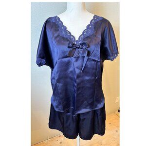 Vtg Victoria’s Secret Gold Label 3pc Navy Satin Robe Pajama Set Large
